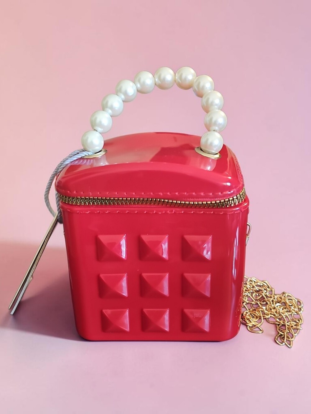 Pearl-Handle Red Patent Cube Crossbody Bag